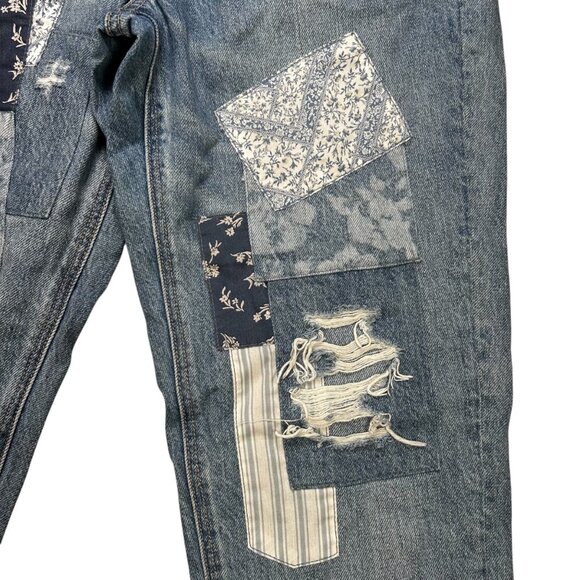 American Eagle Mom Straight Jean 6 Patchwork Boho Bandana Distressed - Picture 2 of 6
